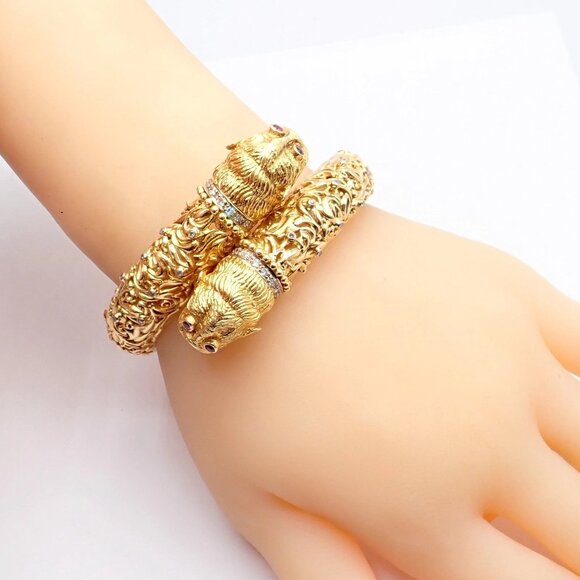 Rare Ilias Lalaounis 18k Yellow Gold Double Chimera Diamond Ruby Bangle Bracelet - Picture 13 of 16